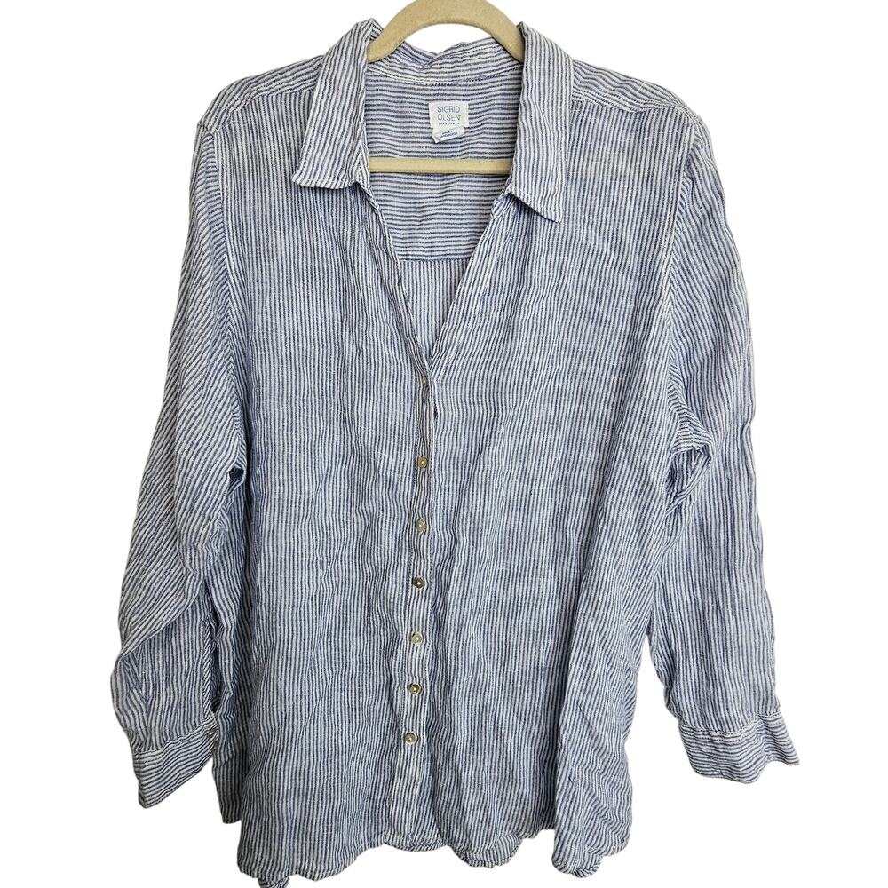 Sigrid Olsen Womens Striped Linen Tunic Top Size 2X Lagenlook Coastal Grandma